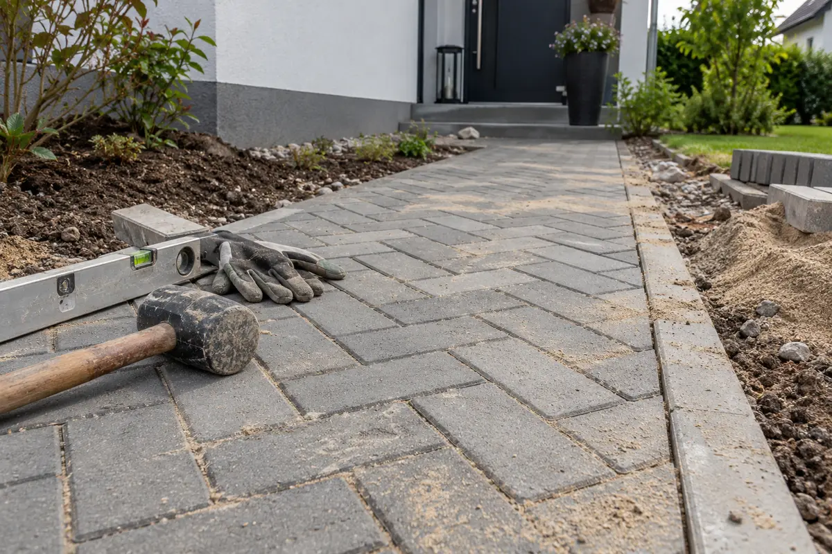 Gepflasterter Eingangsweg im Bau