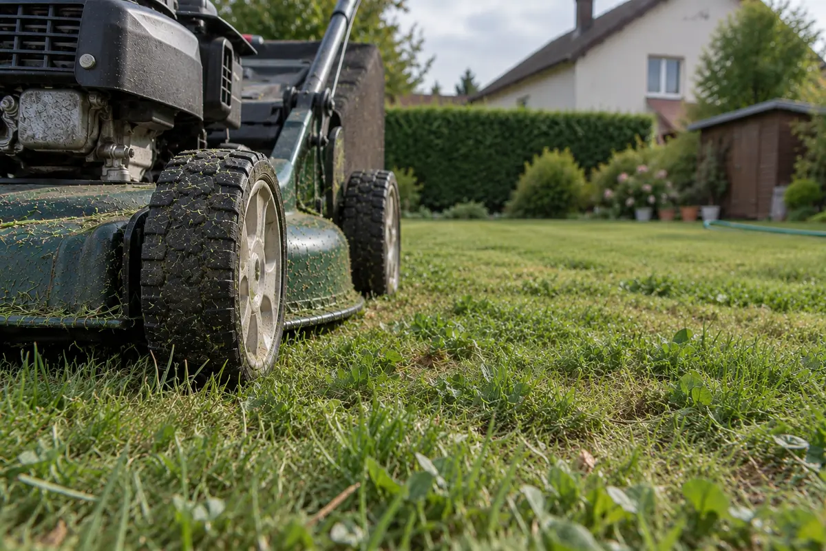 Rasenmäher auf frisch gemähtem Gartenrasen