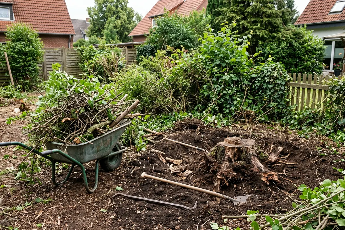 Gerodete Gartenfläche mit entferntem Wurzelstock und Schubkarre